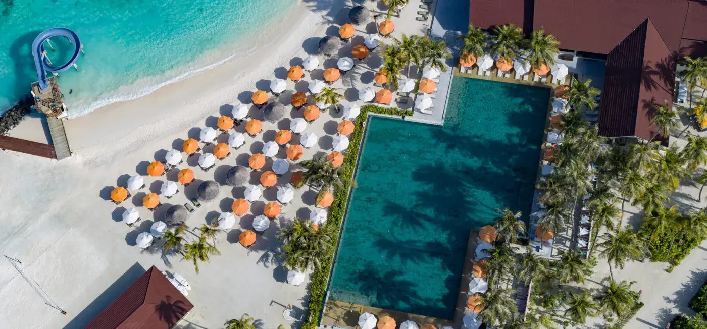 Aerial view of Oblu Xperience Ailafushi North Male, Maldives
